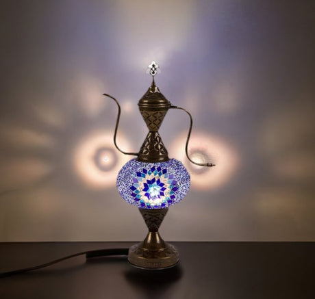 Nazli Mosaic | Handmade Glass Mosaic Desk Lamp, Blue and White Star Teapot Design