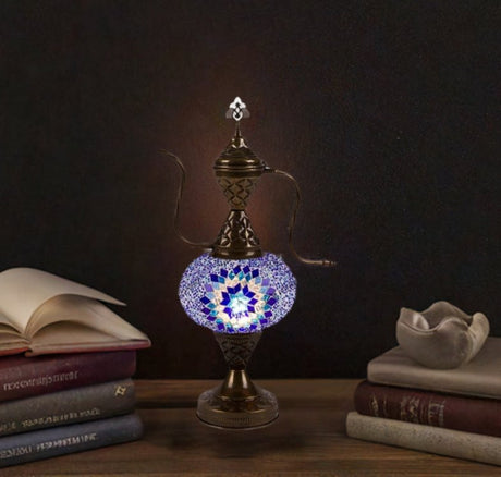 Nazli Mosaic | Handmade Glass Mosaic Desk Lamp, Blue and White Star Teapot Design