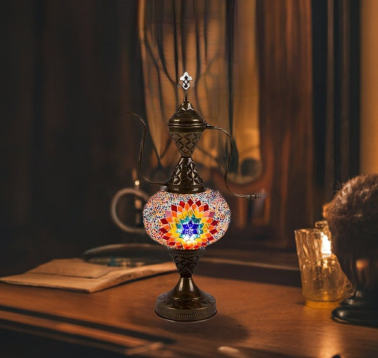 Nazli Mosaic | Handmade Glass Mosaic Desk Lamp, Blue and Yellow Star Teapot Design