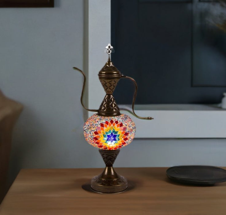 Nazli Mosaic | Handmade Glass Mosaic Desk Lamp, Blue and Yellow Star Teapot Design Nazli Mosaic Lamps