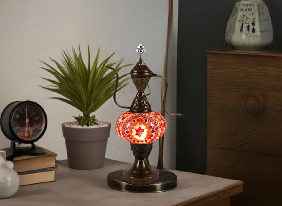 Nazli Mosaic | Handmade Glass Mosaic Desk Lamp, Red and Orange Star Teapot Design