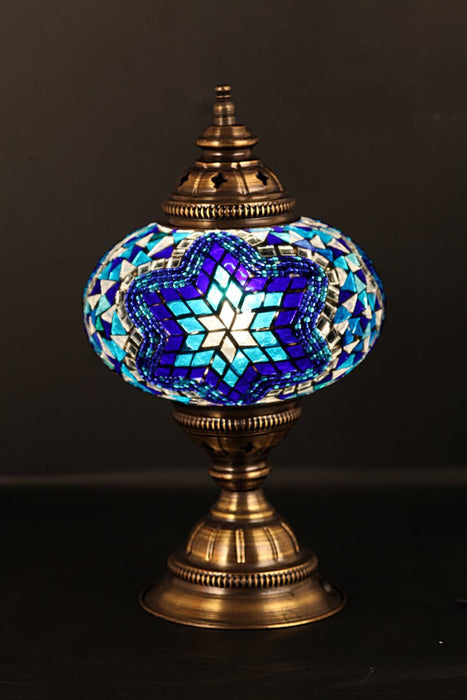 Nazli Mosaic | Handmade Glass Mosaic Larg Desk Lamp, Dark Blue and White Star Nazli Mosaic Lamps