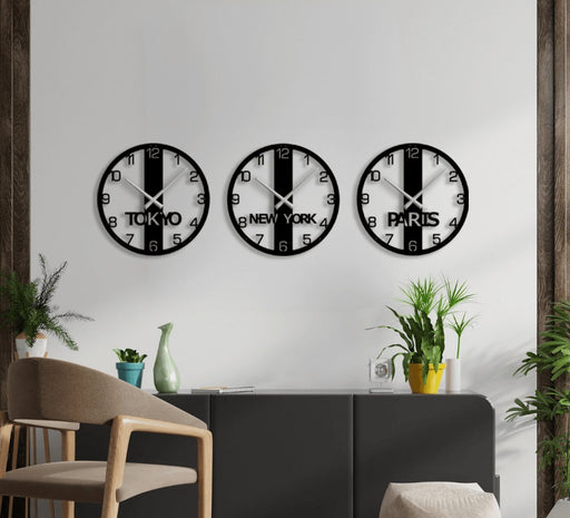 NR Dizayn | New York, Paris, Tokyo 3-Piece Decorative Metal Wall Clock