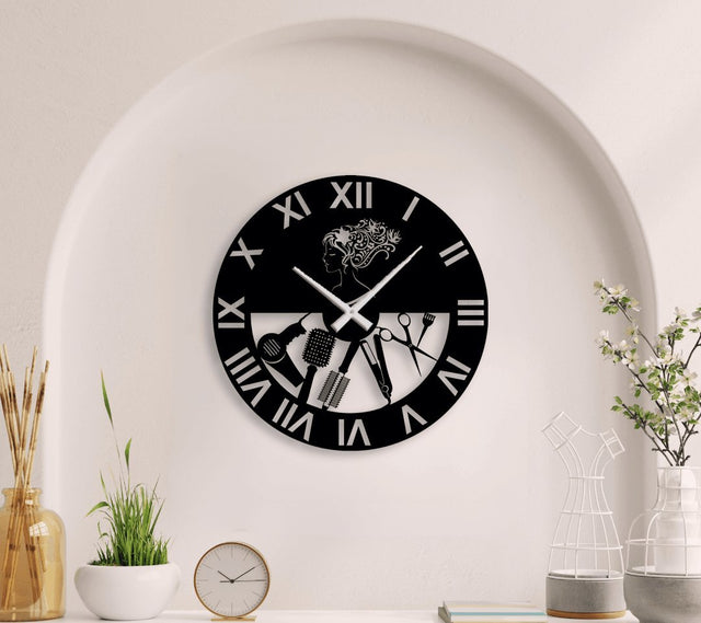 NR Dizayn | Women Hairdresser Detailed Metal Wall Clock