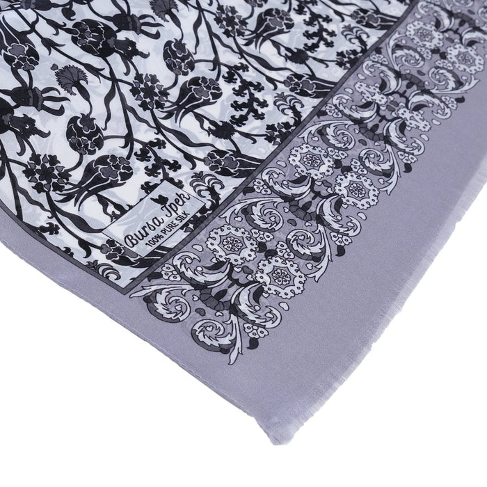 Sira Lale Elegant Silk Scarf in Silver & Gray Bursa İpek Scarves