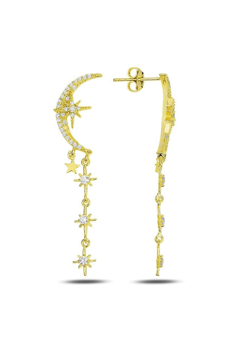 Sogutlu | Silver Gold Gilded Zircon Stone Design Moon, Pole Star Dangle Earrings Sogutlu Earrings