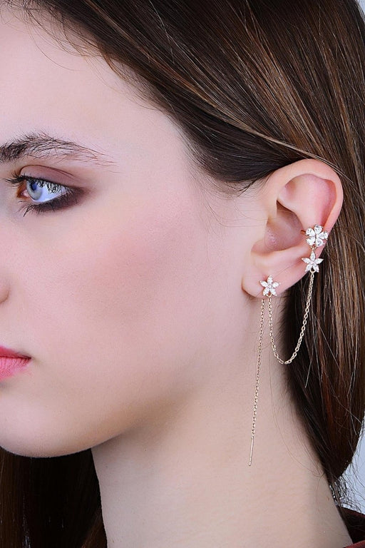 Sogutlu | Silver Gold Gilded Zircon Stone Special Design Lotus Chain Cartilage Earrings