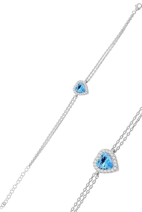 Sogutlu | Silver Rhodium Aquamarine Stone Diamond Mounted Heart Bracelet Sogutlu Bracelets