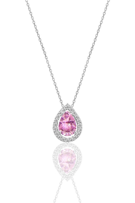 Sogutlu | Silver Rhodium Plated Drop Model Necklace With Pink Stones