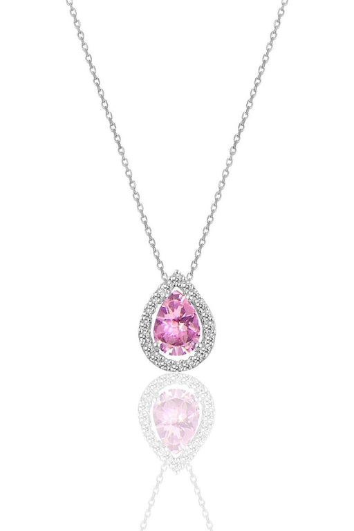 Sogutlu | Silver Rhodium Plated Drop Model Necklace With Pink Stones