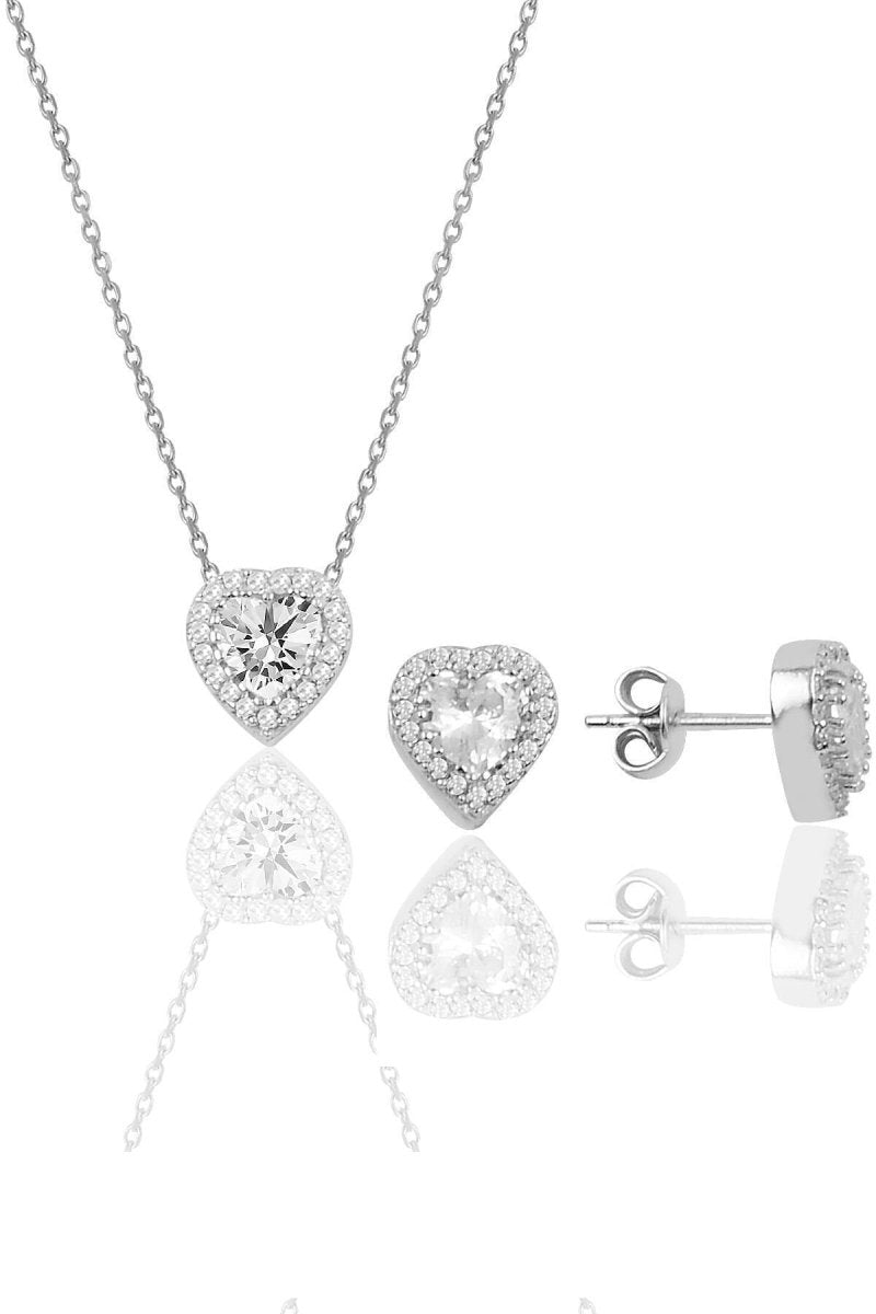 Sogutlu | Silver Rhodium Plated Sapphire Diamond Heart Necklace and Earrings Set