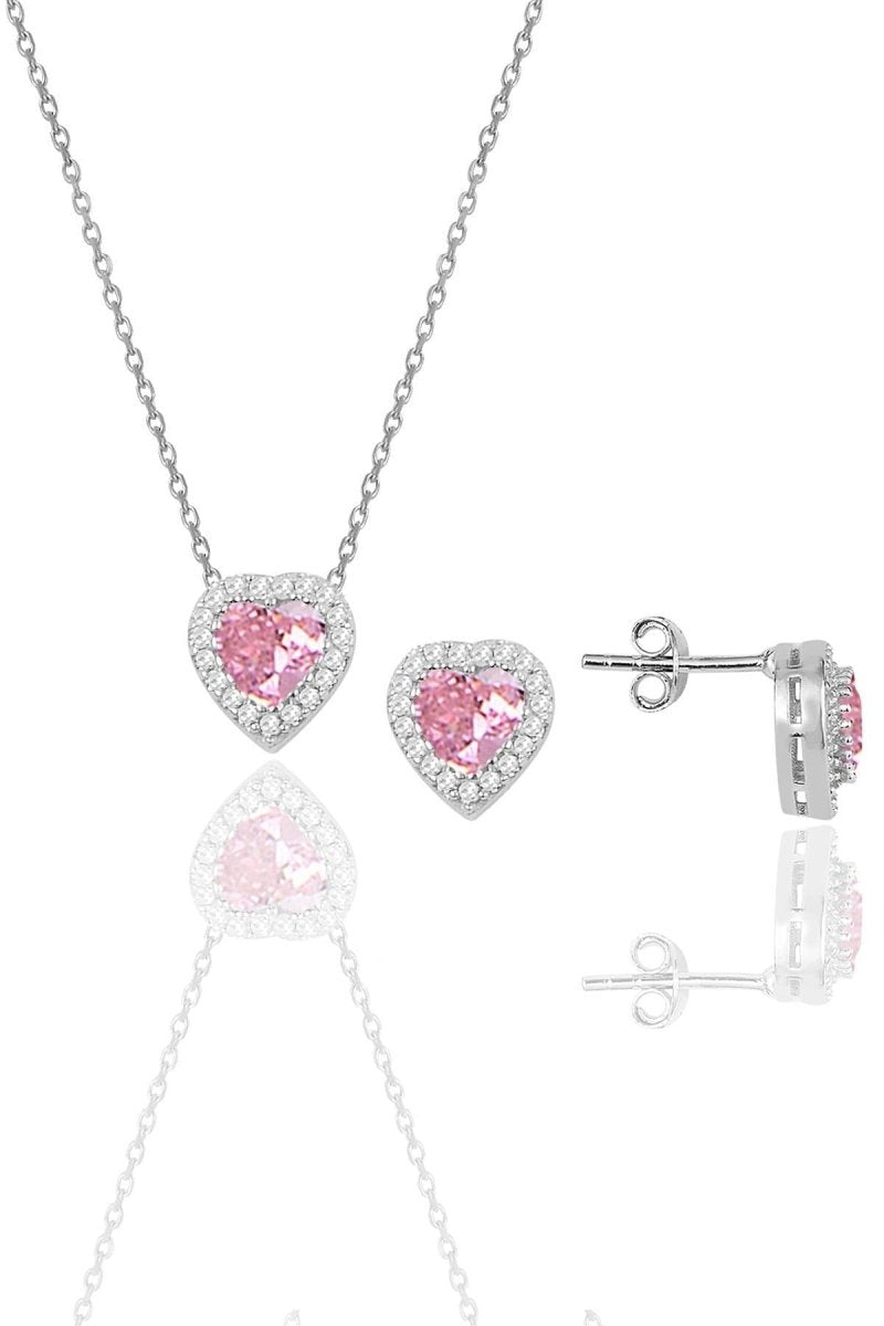 Sogutlu | Silver Rhodium Plated Sapphire Diamond Heart Necklace and Earrings Set