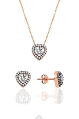 Sogutlu | Silver Rhodium Plated Sapphire Diamond Heart Necklace and Earrings Set