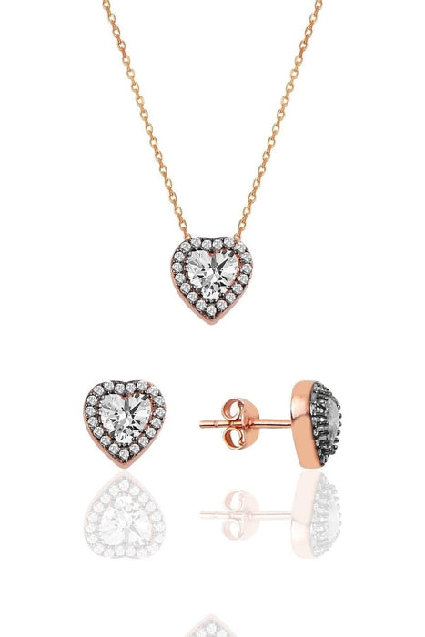 Sogutlu | Silver Rhodium Plated Sapphire Diamond Heart Necklace and Earrings Set Sogutlu Necklaces, Earrings
