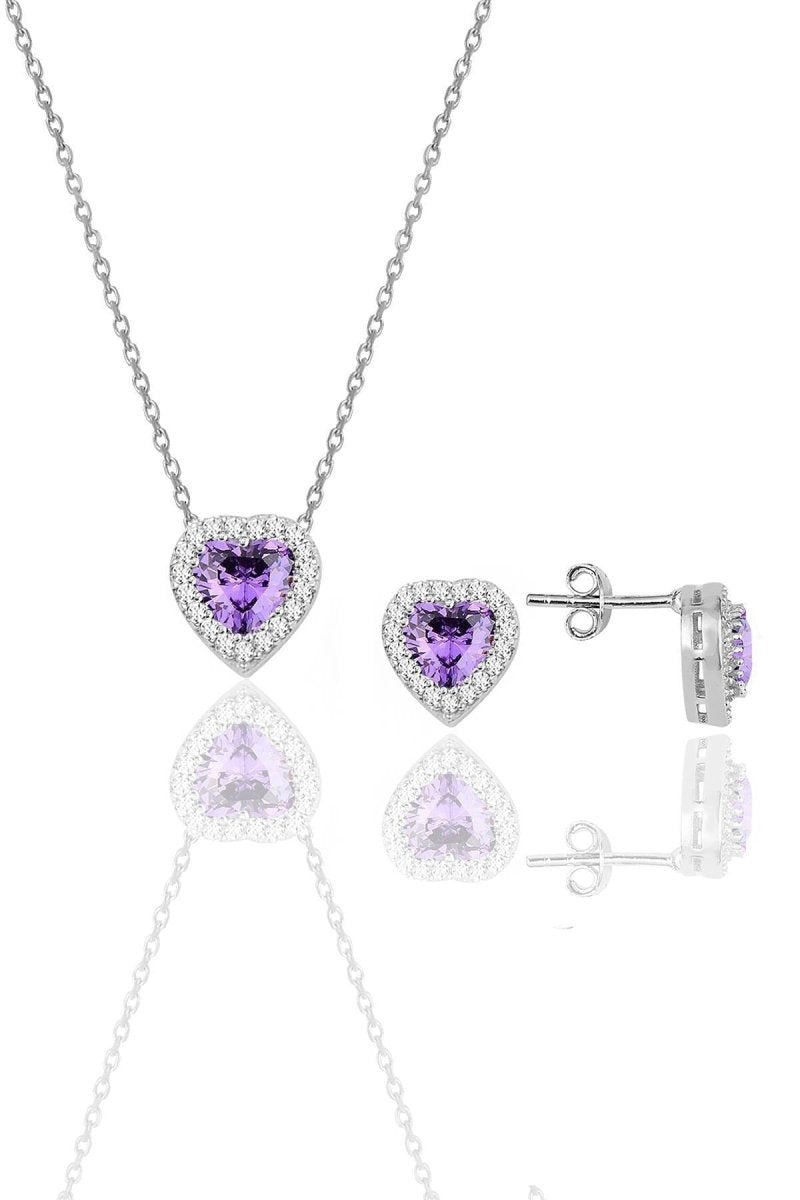 Sogutlu | Silver Rhodium Plated Sapphire Diamond Heart Necklace and Earrings Set