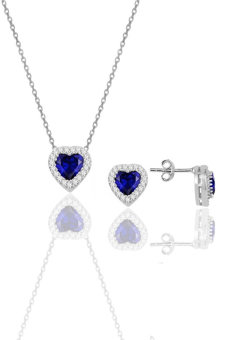 Sogutlu | Silver Rhodium Plated Sapphire Diamond Heart Necklace and Earrings Set