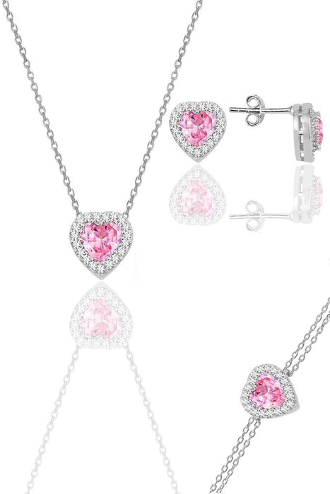 Sogutlu | Silver Rhodium Plated Sapphire Diamond Heart Necklace, Earrings And Bracelet Triple Set