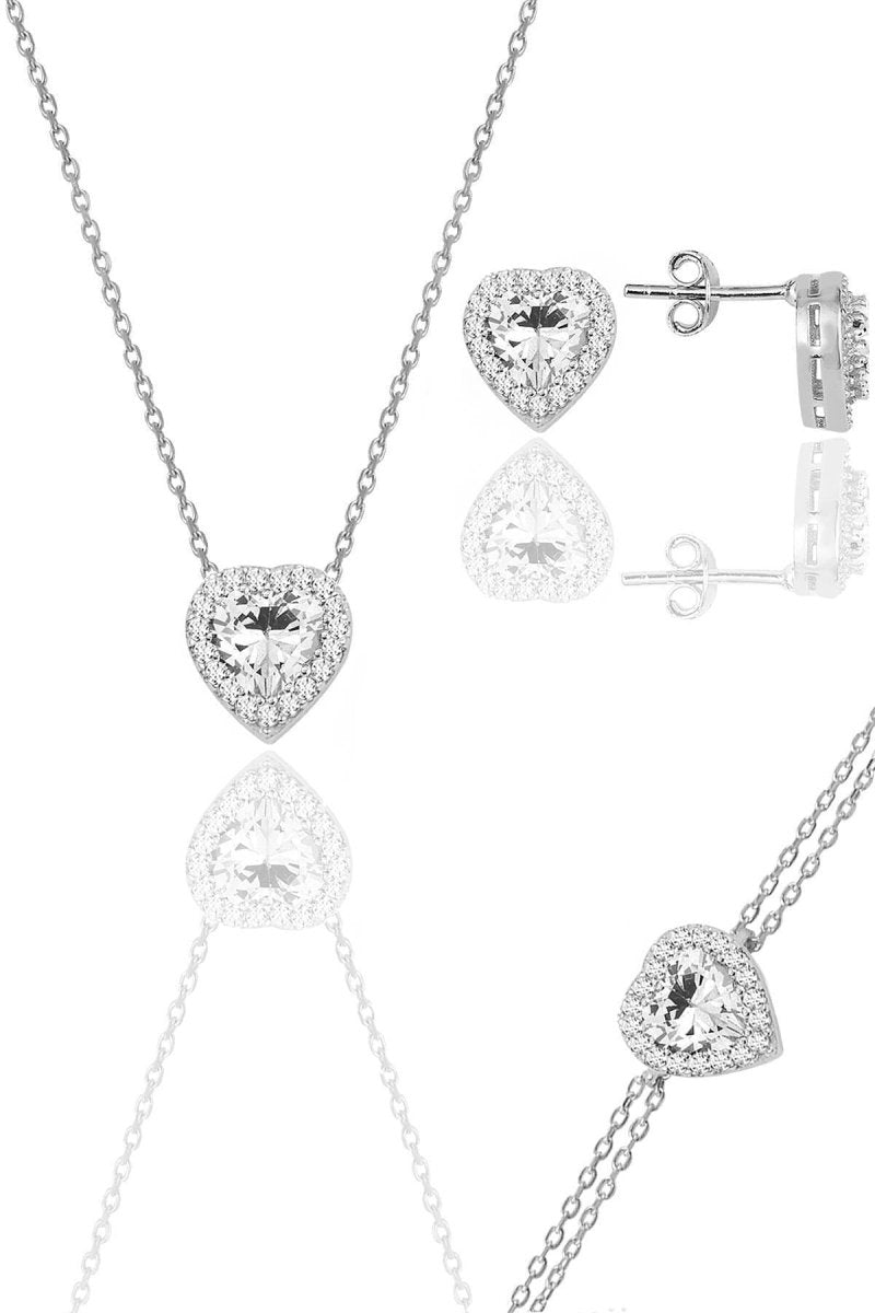 Sogutlu | Silver Rhodium Plated Sapphire Diamond Heart Necklace, Earrings And Bracelet Triple Set