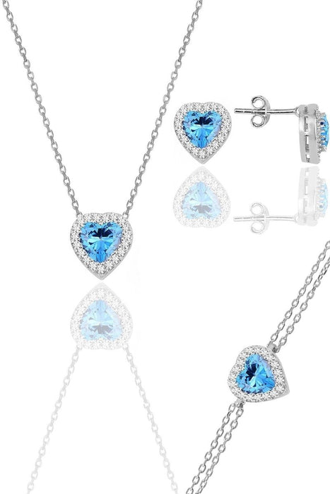 Sogutlu | Silver Rhodium Plated Sapphire Diamond Heart Necklace, Earrings And Bracelet Triple Set Sogutlu Necklaces, Earrings