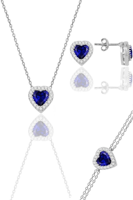 Sogutlu | Silver Rhodium Plated Sapphire Diamond Heart Necklace, Earrings And Bracelet Triple Set