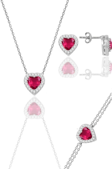 Sogutlu | Silver Rhodium Plated Sapphire Diamond Heart Necklace, Earrings And Bracelet Triple Set