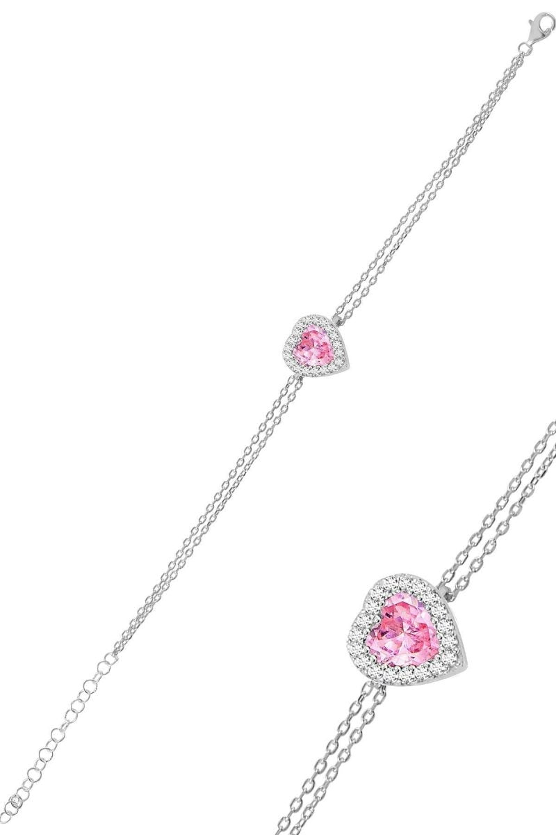 Sogutlu | Silver Rhodium Plated Sapphire Diamond Heart Necklace, Earrings And Bracelet Triple Set