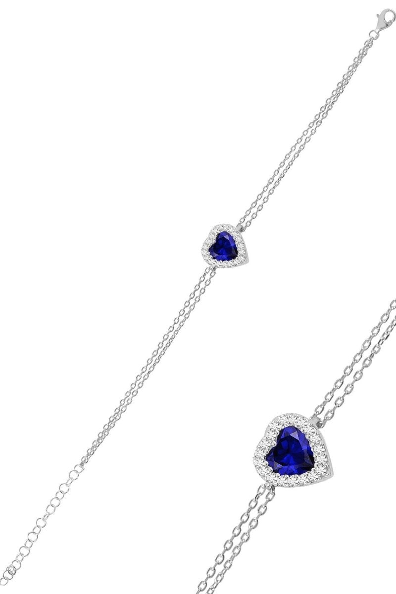 Sogutlu | Silver Rhodium Plated Sapphire Diamond Heart Necklace, Earrings And Bracelet Triple Set