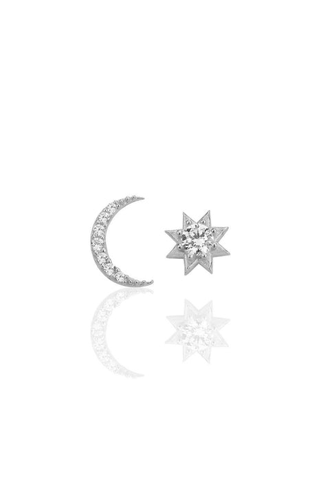Sogutlu | Silver Rhodium Plated Zirconia Moon And Sun Combination Earrings Sogutlu Earrings