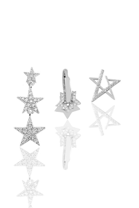 Sogutlu | Silver Rhodium Zirconia Stars Combination Triple Earrings Set Sogutlu Earrings