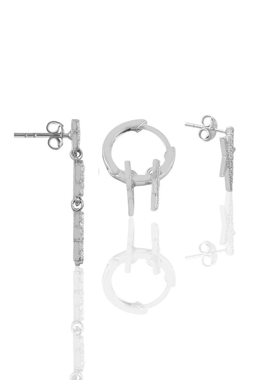 Sogutlu | Silver Rhodium Zirconia Stars Combination Triple Earrings Set