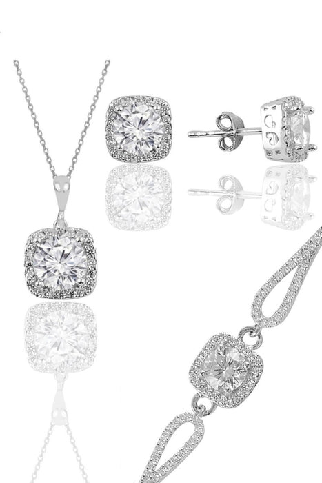 Sogutlu | Silver Rhodium Zirconia Stone Square Necklace Earrings And Bracelet Set Sogutlu Necklaces, Earrings