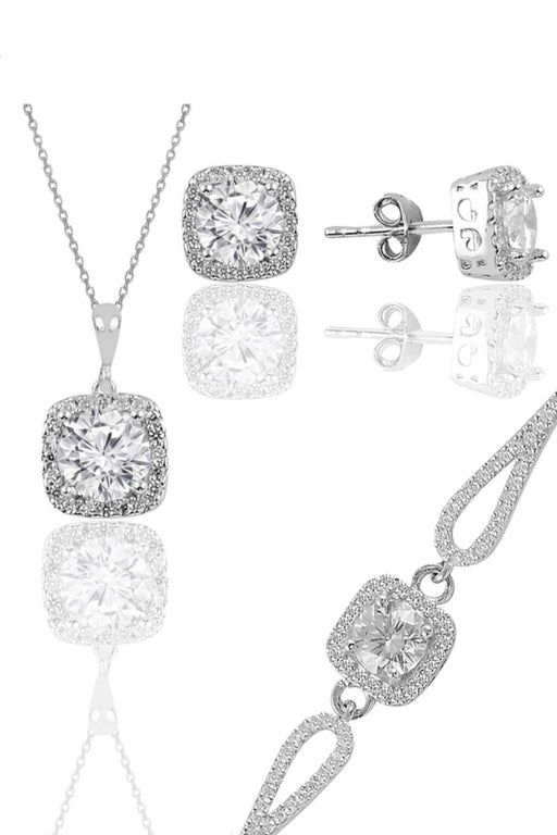Sogutlu | Silver Rhodium Zirconia Stone Square Necklace Earrings And Bracelet Set