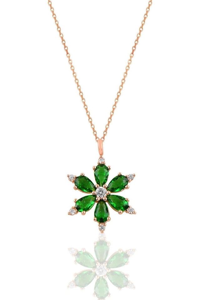 Sogutlu | Silver Rose Green Stone Snowflake Necklace