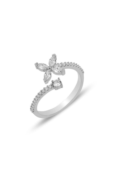 Sogutlu | Silver Rose Zircon Stone Four Leaf Clover Adjustable Ring