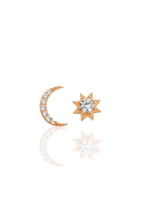 Sogutlu | Silver Rose Zirconia Moon And Sun Combination Earrings