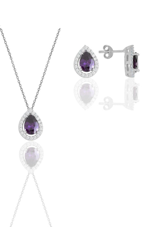 Sogutlu | Silver White Gold Rhodium Sapphire Stone Drop Model Double Set Sogutlu Necklaces, Earrings