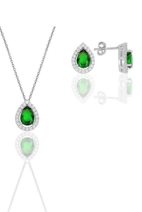 Sogutlu | Silver White Gold Rhodium Sapphire Stone Drop Model Double Set Sogutlu Necklaces, Earrings