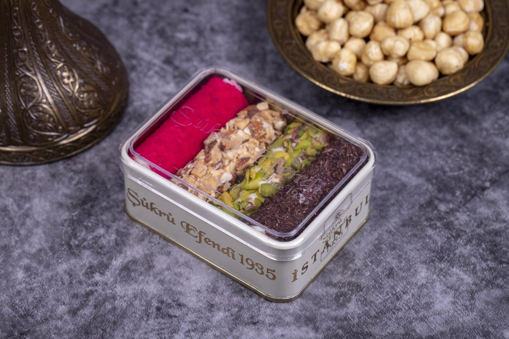 Sukru Efendi 1935 | Mix Turkish Delight Wraps with Pistachio and Hazelnut in Gift Metal Box