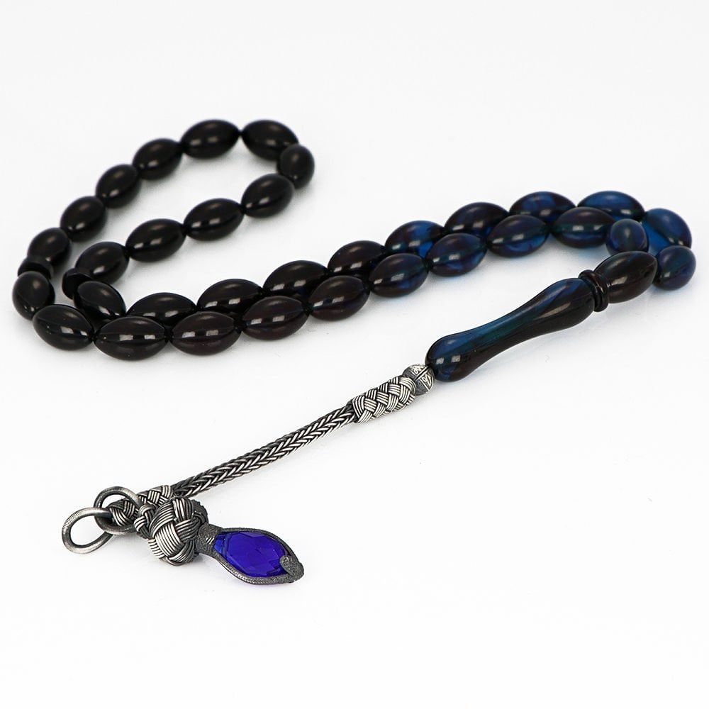 Tesbihevim | Amber Tasbih in Black with Silver Kazaz Tassel