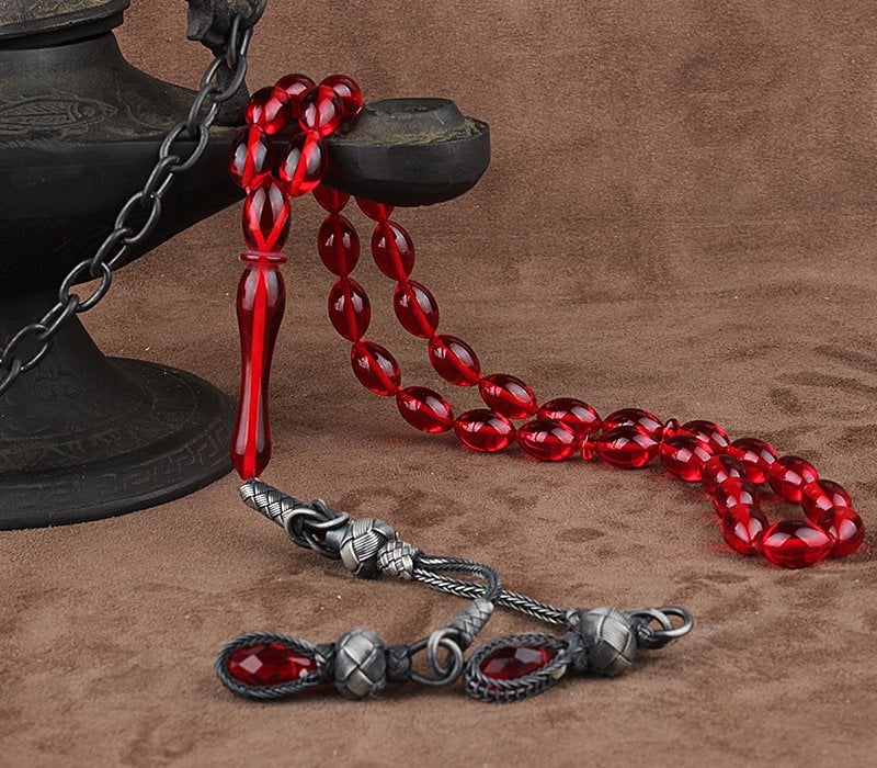 Tesbihevim | Amber Tasbih in Red with Silver Kazaz Tassel Tesbihevim Prayer Beeds