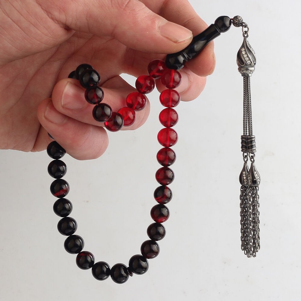 Tesbihevim | Sphere Cut Fire Amber Tasbih with Enameled Silver Tassel